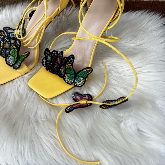Yellow and Multicolored Strappy Embroidered Butterfly Clear Ice Pump Heels - Picture 4 of 7